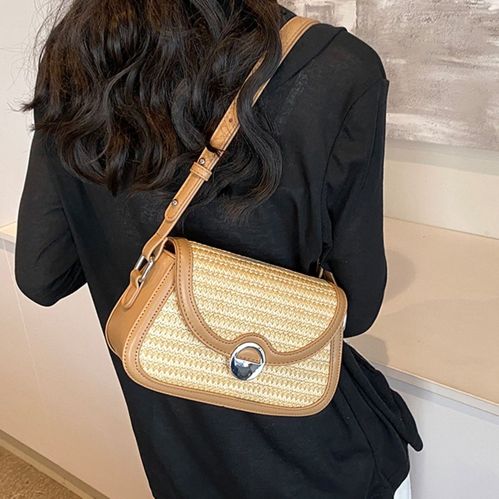 Women Straw Woven Bag Large Capacity Weaving Underarm Bag Patchwork Fashion Shoulder Bag Adjustable Strap for Party Vacation