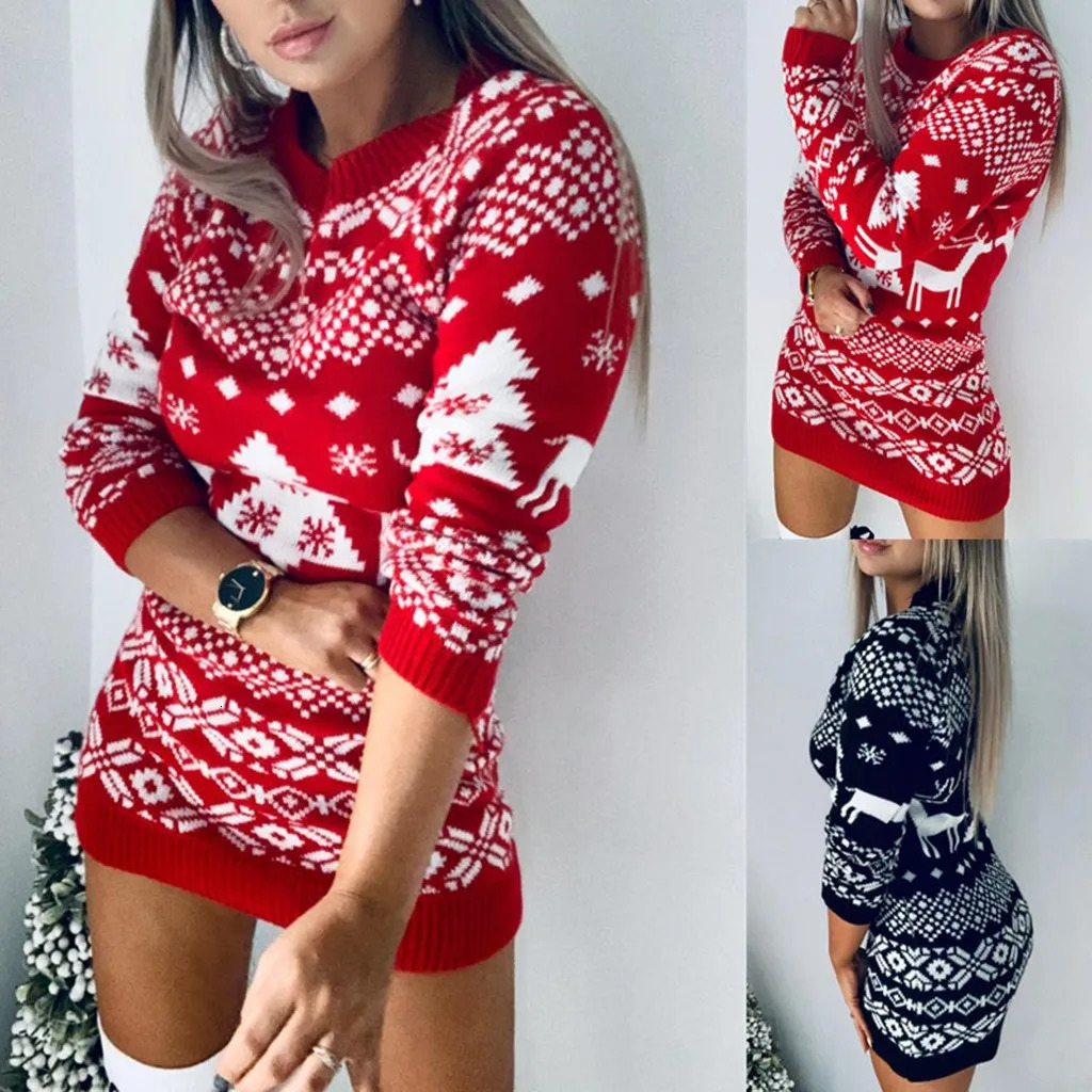 2024 Winter Knitted WomenS Sweater Dress Christmas Solid Dresses Female Elegant Thicken Warm Year Christmas Clothes Sweater 241107