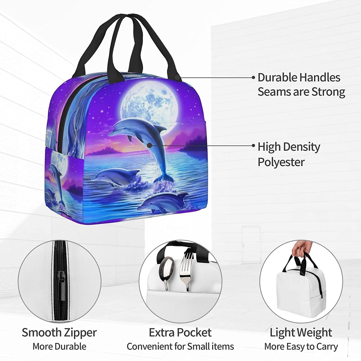 Dolphin Lunch Box for Kids Boys Girls Reusable Lunch Tote Bags, Perfect for School/Camping/Hiking/Picnic/Beach/Travel