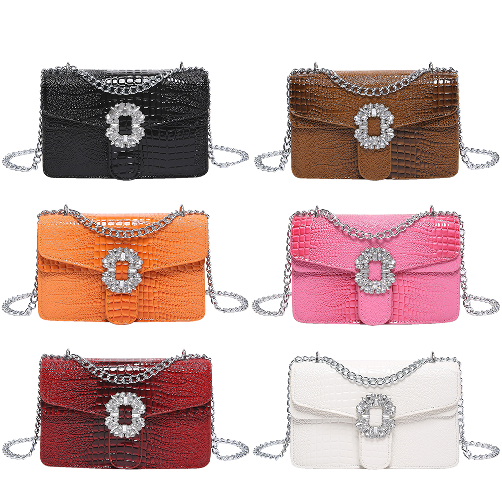 Women PU Flap Shoulder Bag Stylish Commuting Bag Crocodile Pattern Fashion Square Handbag with Diamond Decor for Outdoor Travel