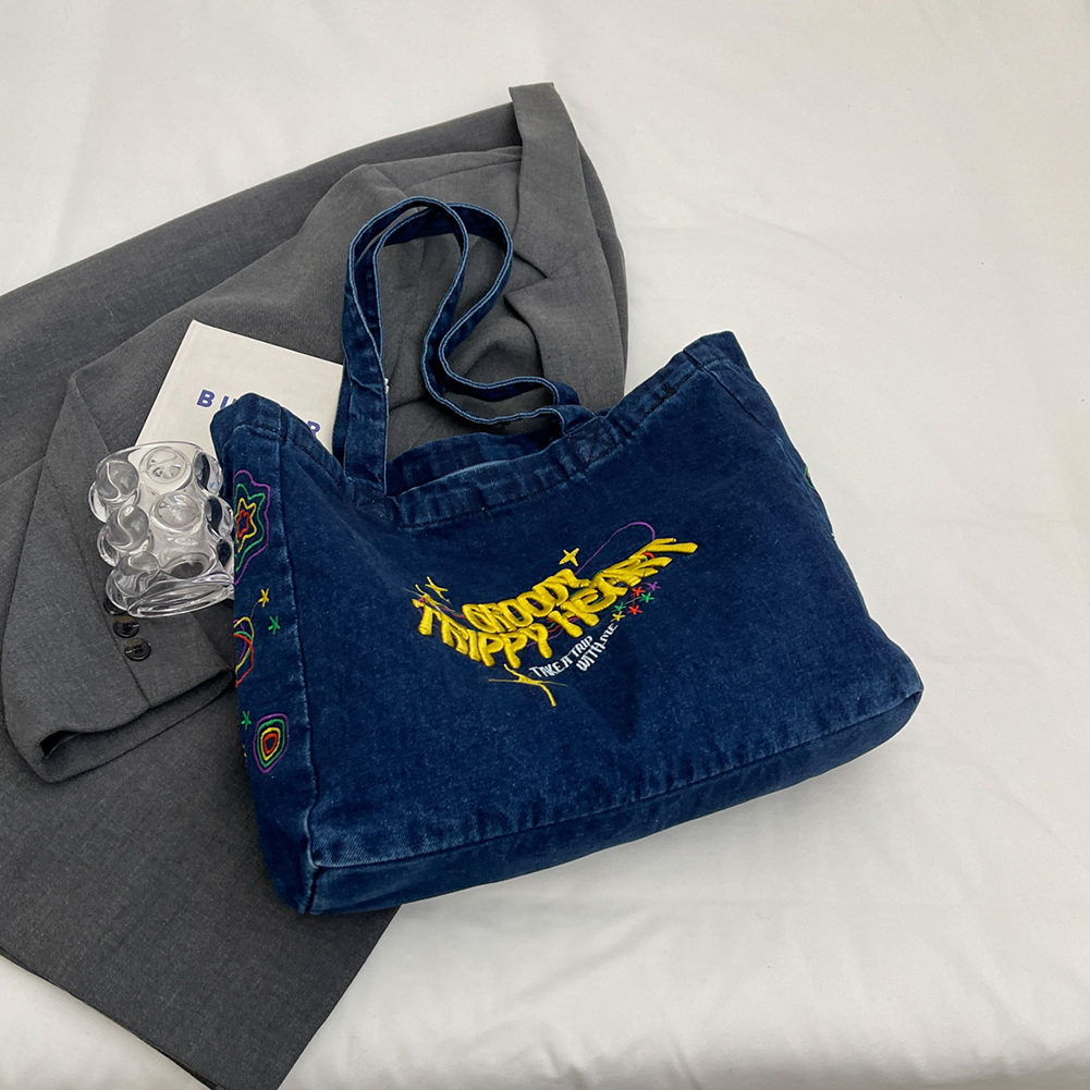 Denim Shoulder Bag Large Capacity Embroidered Tote Bag Retro Fashion Handbag Aesthetic Hobo Bag for Women and Girls