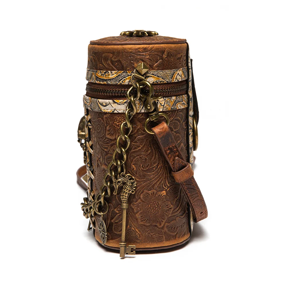 Gear Gothic Woman Leather Bucket Medieval Steampunk Messenger Bag Punk Waist Bag Skull Decoratived Chain Single Shoulder Bag