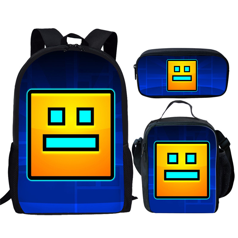 Cartoon Geometry Dash Print 3Pcs School Bag Set for Teenager Girls Boys Kids Backpack Student Book bag with Lunch Bag Pencil Bag