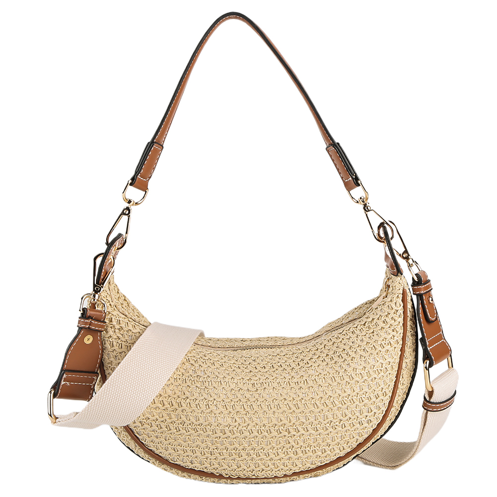 Designer Crescent Bag Woven Summer Shoulder Bag with Adjustable Strap Trendy Crossbody Bag Holiday Travel Handbag for Women