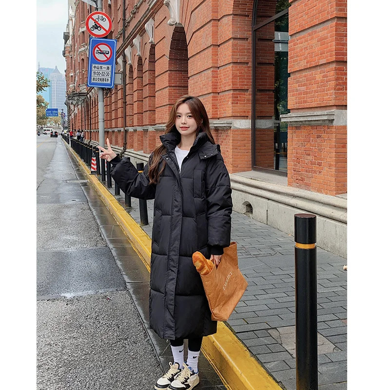 Womens brown medium length down jacket hooded jacket fashionable windproof thick duck down jacket womens puff winter jacket 241107