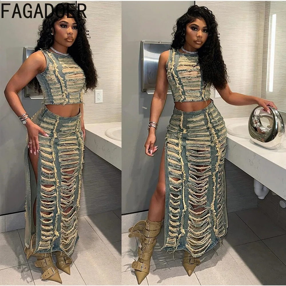 FAGADOER Fashion Streetwear Women Denim Hole Hollow Sleeveless Crop Top And Side Slit Skirts Two Piece Sets Sexy Cowboy Outfits 240401