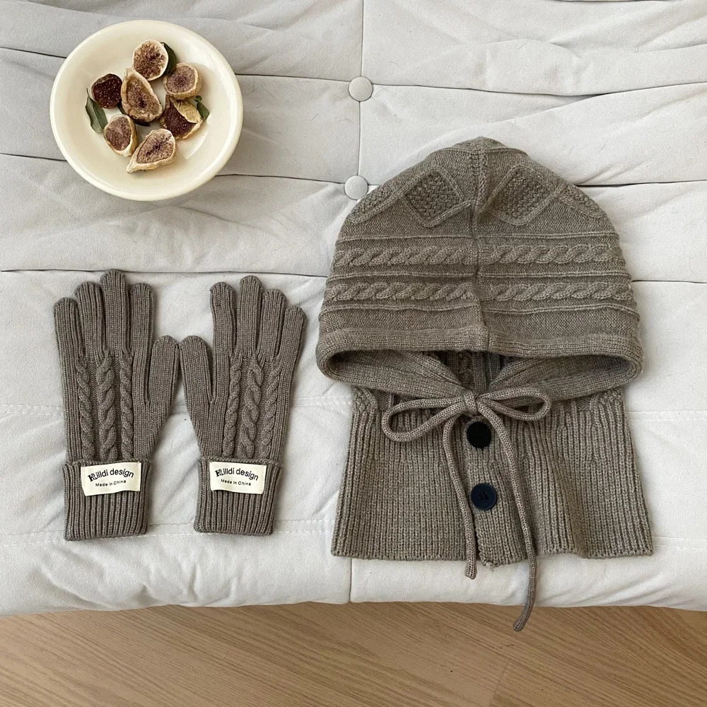 Womens Winter Hat and Glove Set Warm Beanies Shawl Cashmere Knitted Soft Scarf Split Finger Pulling Hat 241107