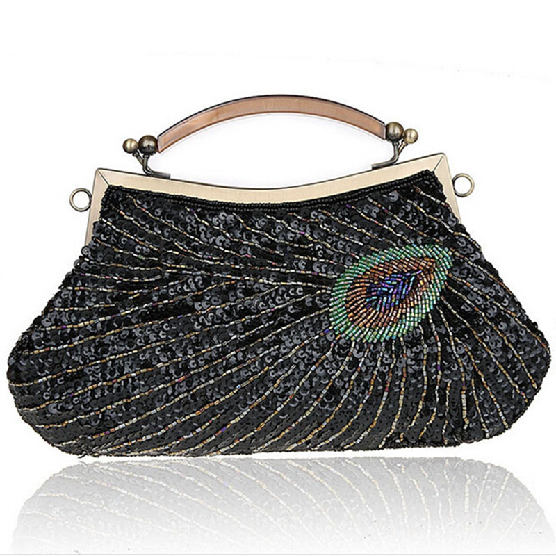 Handmade beaded sparkling bling satin and sequins lady handbag vintage women shoulder bag evening party clutch purse with chain