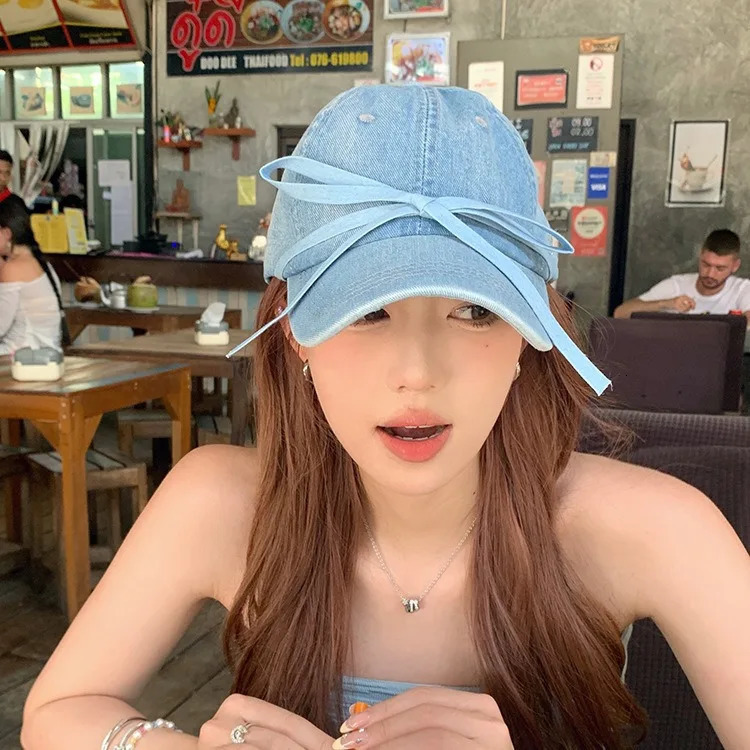Korean denim bow knot baseball cap womens casual beach UV sunscreen cap Japanese Y2k fashionable denim baseball cap 241107