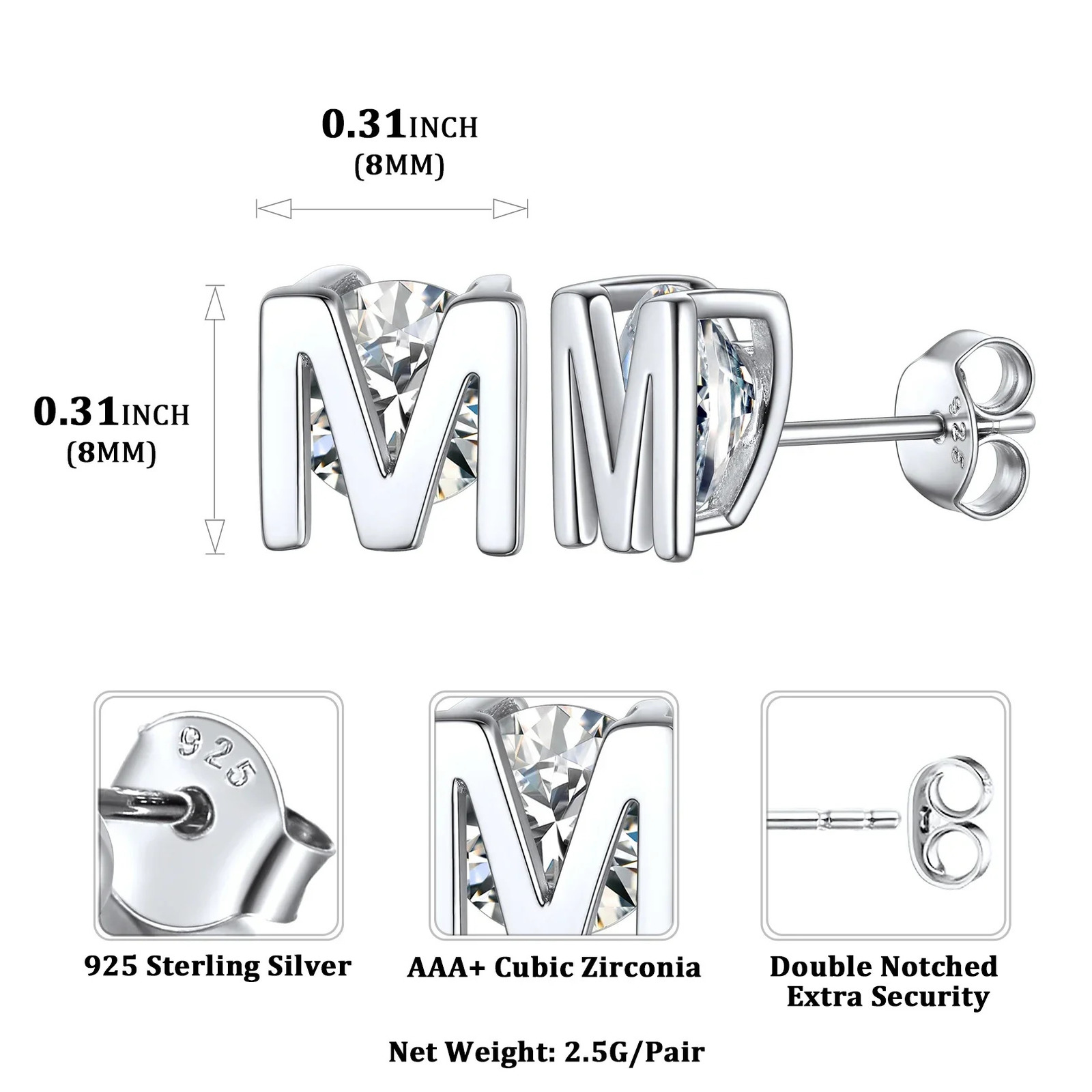 U7 925 sterling silver white cubic zirconia 8mm womens birthday gift 241106