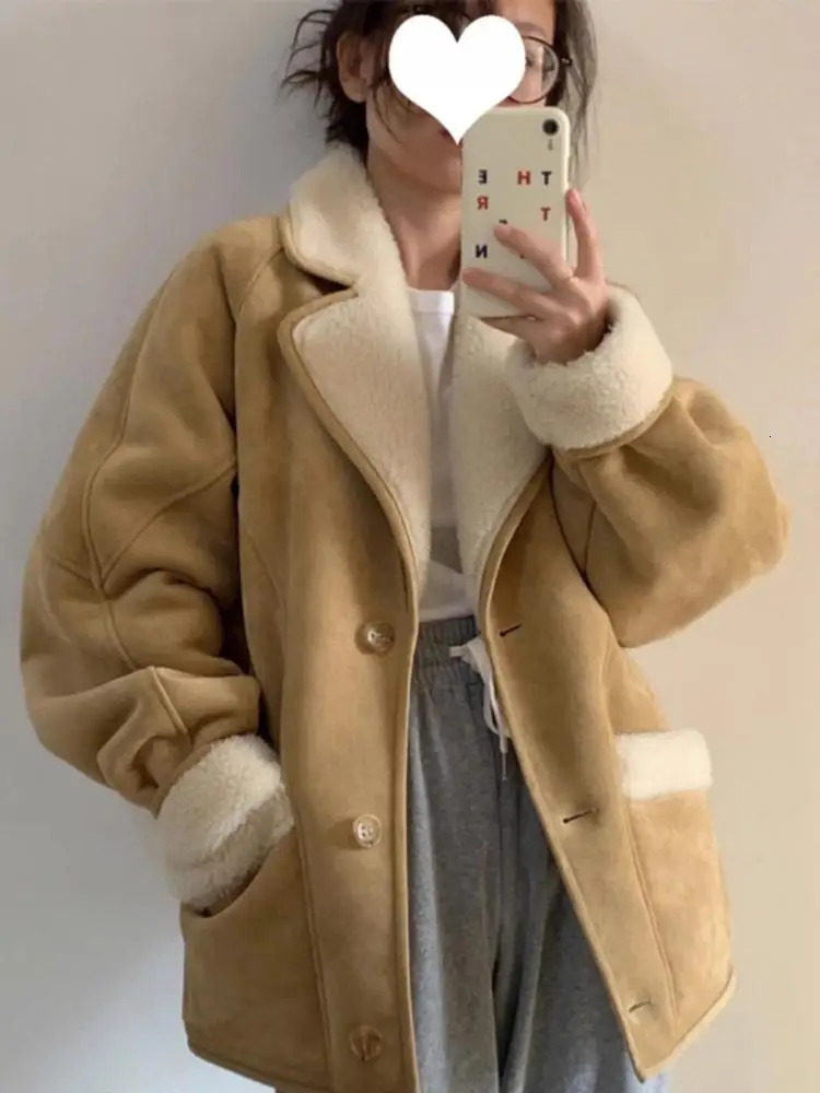 Korean version womens khaki patch work elegant wool cotton jacket winter brown long sleeved single chest loose jacket 241107