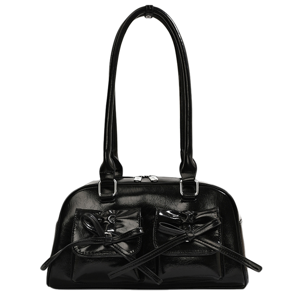 Women Stylish Underarm Bag Double Pockets PU Leather Simple Shopping Bag with Bow Small Tote Bag Solid Color for Travel Vacation