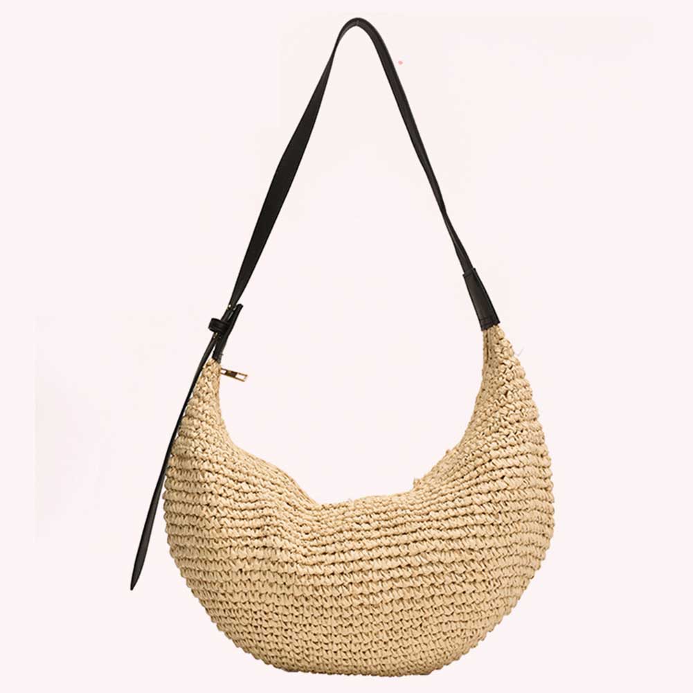 Women Straw Woven Half Moon Bag Handwoven Shoulder Bag Zipper Closure Weaving Shoulder Bag Adjustable Strap for Travel Shopping