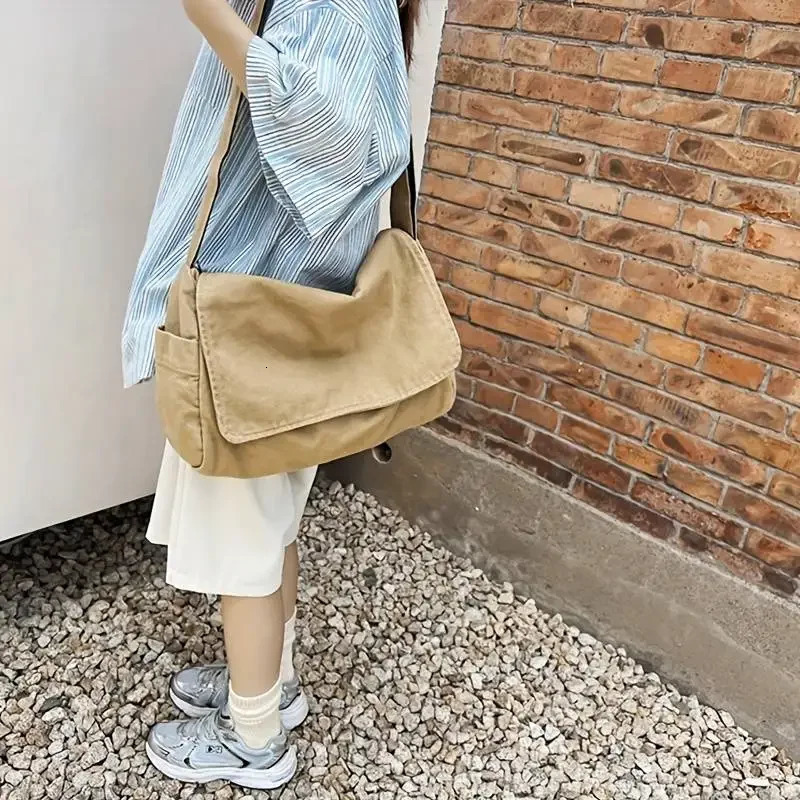 Japanese Washed Canvas Bag Lazy Wind Draped Crossbody Female Literary Classroom Messenger Casual Shoulder Male 241106