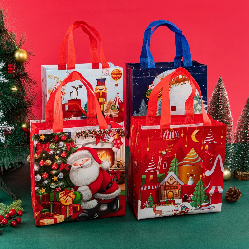 StoBag 12 Christmas Happy Non woven Handbag Fabric Waterproof Gift Candy Packaging Storage Reusable Bag Party Discounts 241107