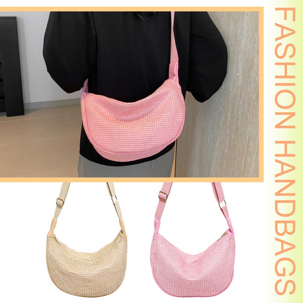 Women Straw Woven Dumpling Bag Large Capacity Shoulder Bag Adjustable Strap Crescent Crossbody Bag Casual for Party Vacation