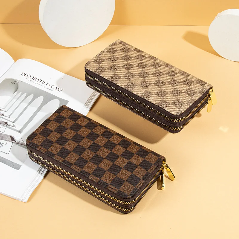 2022 New Vintage Trendy Large Capacity Wallet Women's Double Zip Phone Bag Checkered Printing Handbag European American Style