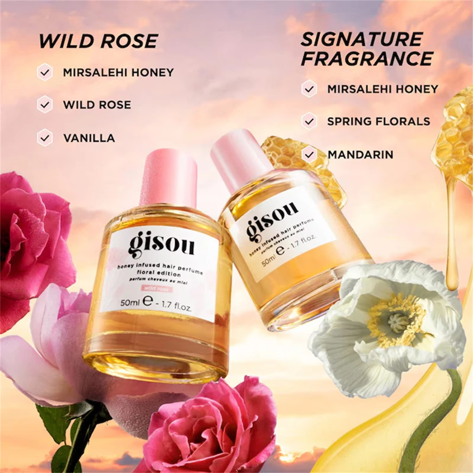 Gisou honey Fragrance spray 50ml moisturizes softens new wild rosess Essential Oil Hair Conditioner 20ml Free and Fast Ship