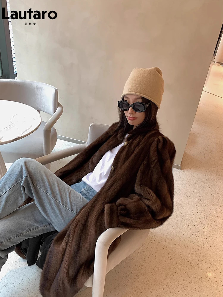 Lautaro Winter Long Brown Thick Warm Soft Artificial Mink Coat Womens Puff Sleeves Elegant Unique Fluffy Fur Coat 241107