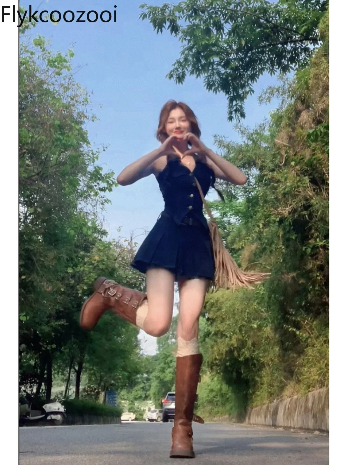 American Spice Denim Suit Female Summer Halter Vest Pleated Skirt High-grade Two-piece Set Conjuntos De Mujer 241107