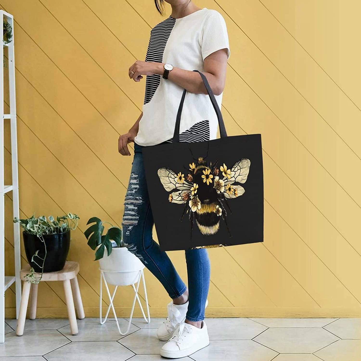 Bee Black Reusable Grocery Bags - Tote Bag for Women Casual Shoulder Bag Foldable Large Shopping Bag