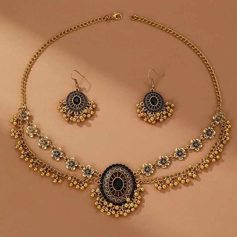 Ethnic Style Retro Oval Gemstone Necklace Women's Dual-use Exotic Style Vintage Diamond Inlaid Flower Bell Tassel Hair Accessory