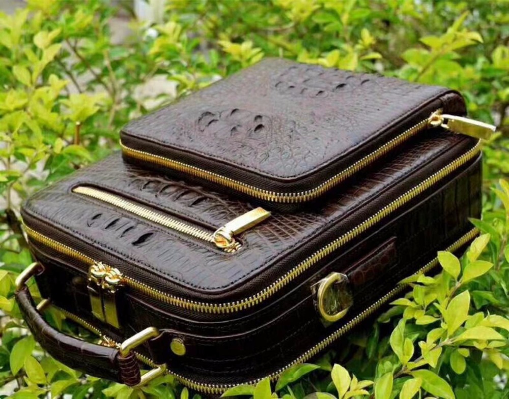 100% genuine real crocodile leather head skin men shoulder cross body bag with top handle zippers closure brown black