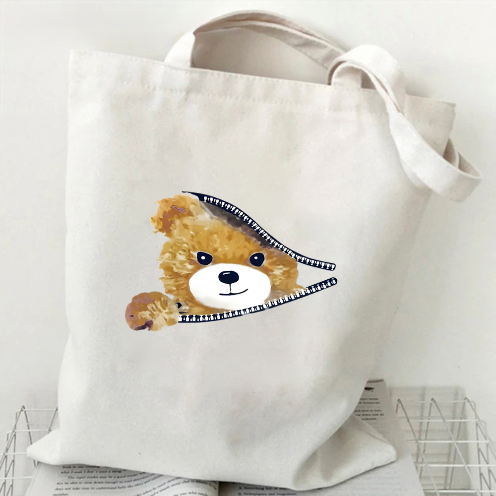 Cute Teddy Bear Pattern Tote Bag Women Men Cartoon Shopping Bags Casual Canvas Shoulder Bag Teen Portable Storage Bag Handbags