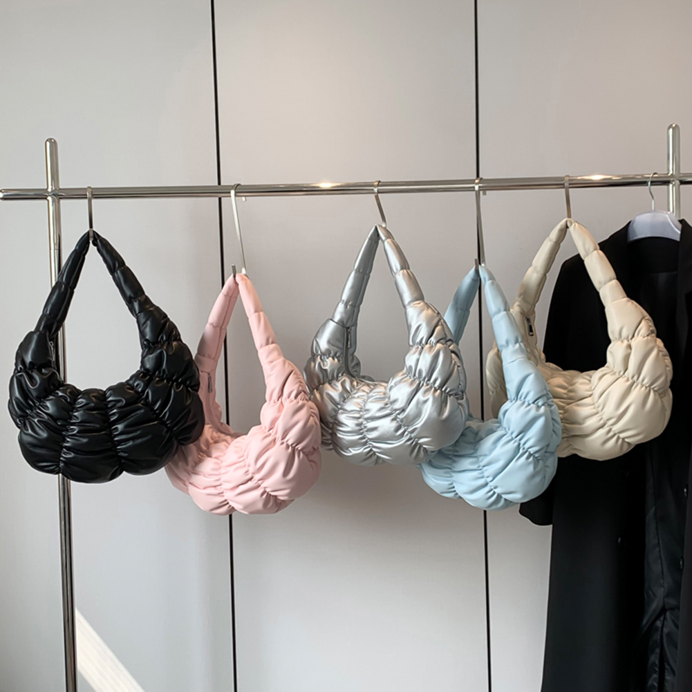 Women Cloud Tote Purse Large Capacity PU Pleated Underarm Bag Crescent Shoulder Bag Solid Color for Party Vacation