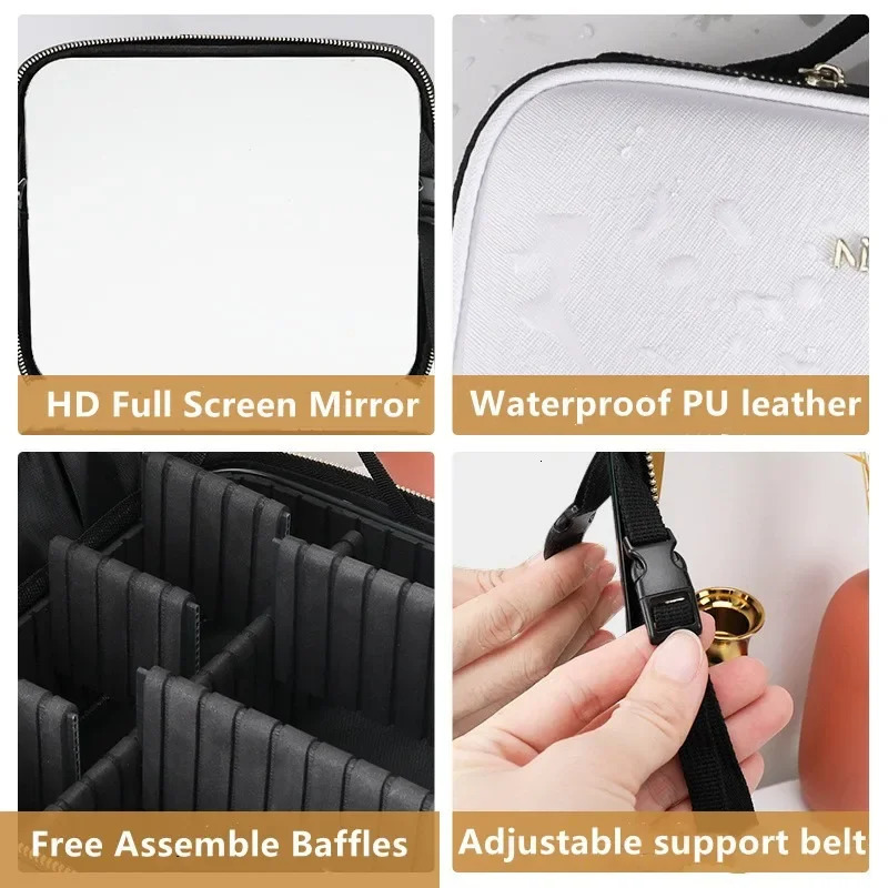 LED travel makeup bag with mirror portable waterproof makeup organizer makeup box womens birthday gift 241106