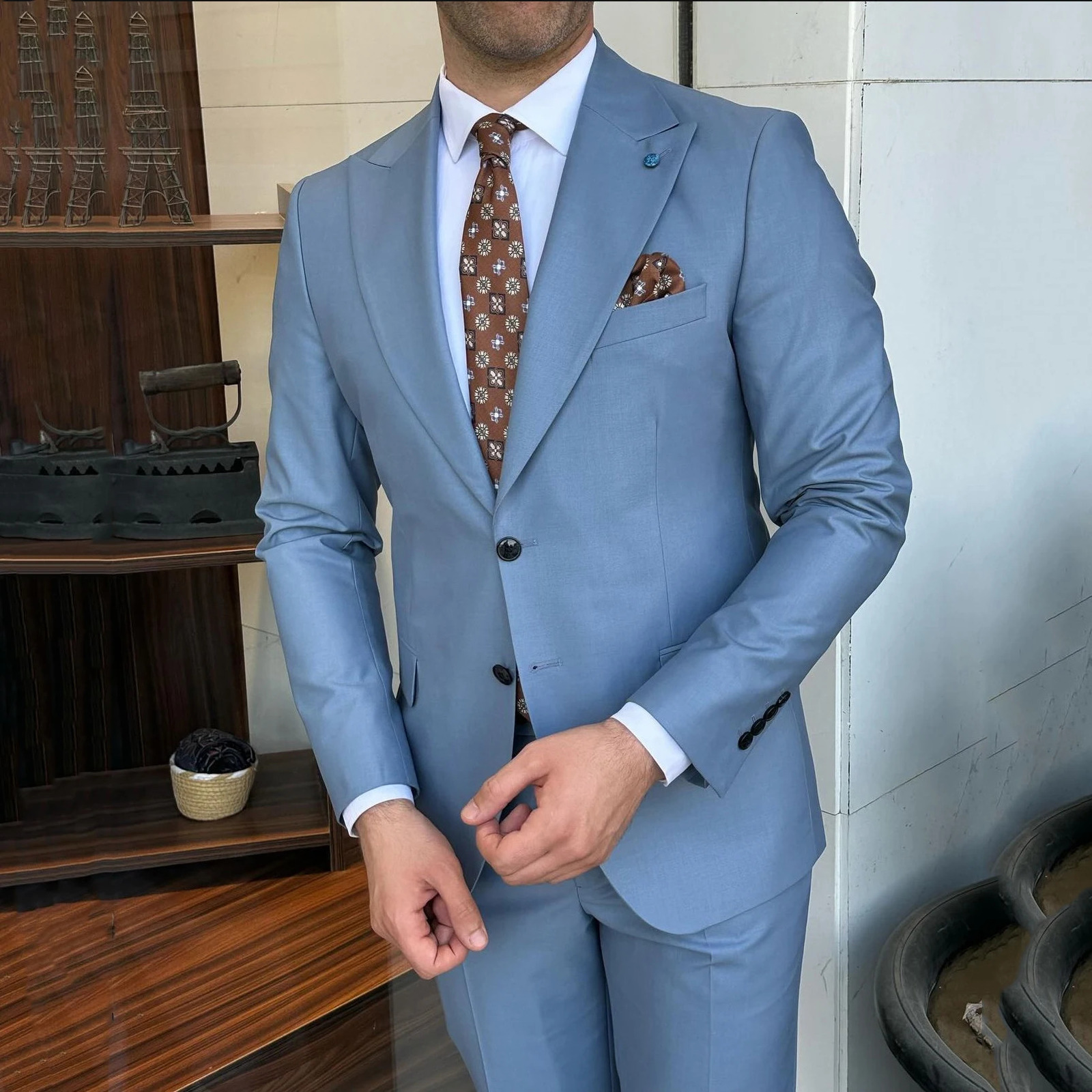 Mens Fashion Grey Set Formal Business Coat Top Collar Wedding Groom Evening Dress Daily Set 2-piece Jacket Pants Clothing Men 241106