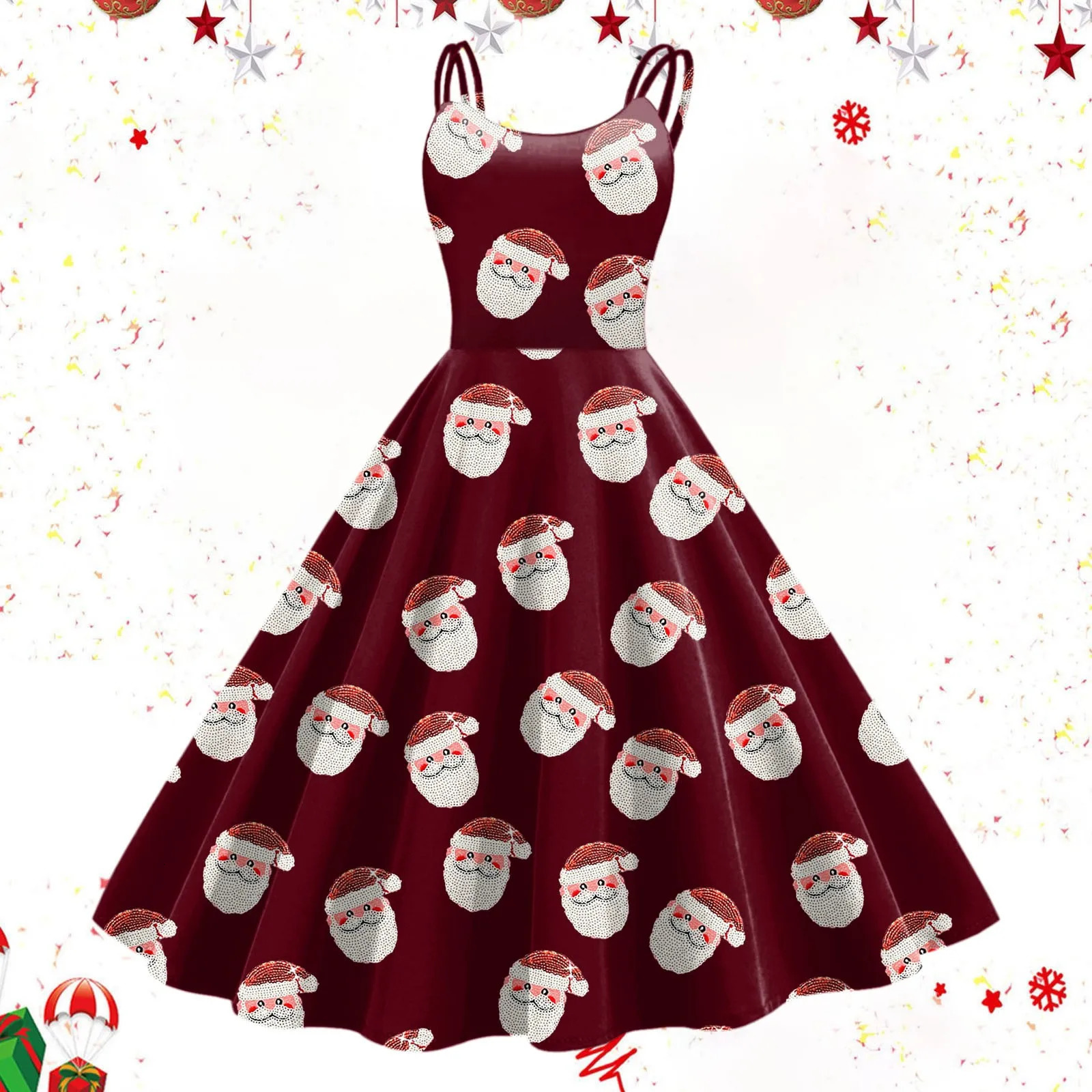 Women Christmas Sleeveless Long Dresses Retro A Line Flared Swing Prom Dress High Waist Santa Claus Print Dresses For Women Xmas 241107