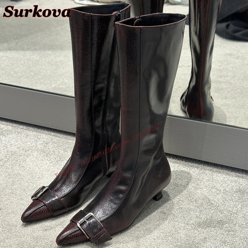 Retro Autumn New Style Belt Buckle Pointed Short Heel Side Zipper Sheepskin Slim Casual Ladies Long Boots