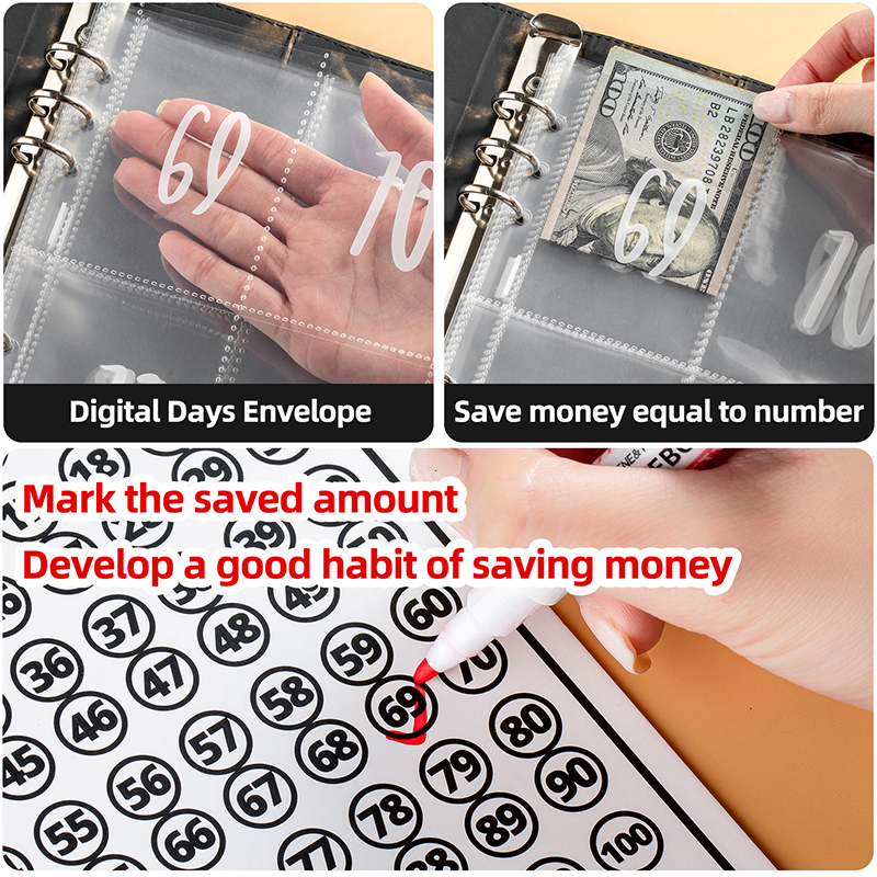 100 Envelope Savings Challenge Laser A5 Loose-Leaf Binder With Cash Envelopes Money Organizer Savings Notebook