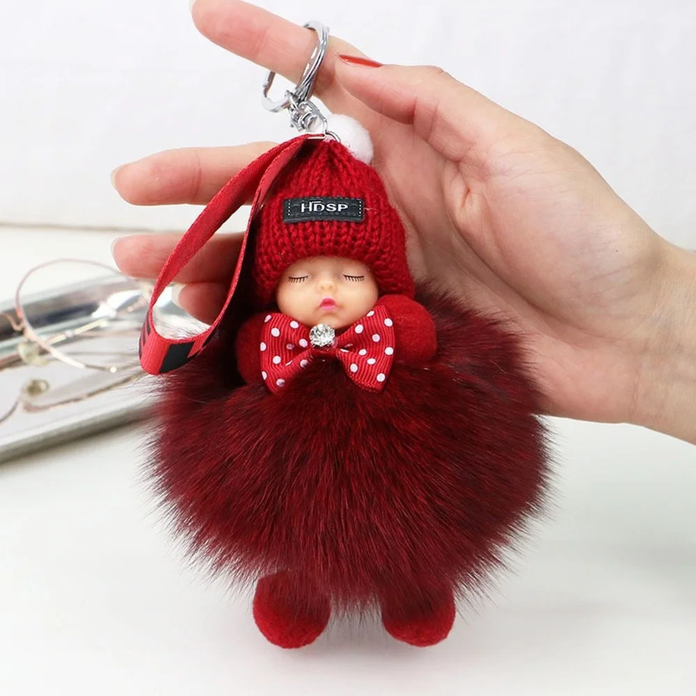 Fox fur fluffy sleeping baby keychain cute fluffy plush doll keychain womens bag keyring car keyring gift decoration 241107