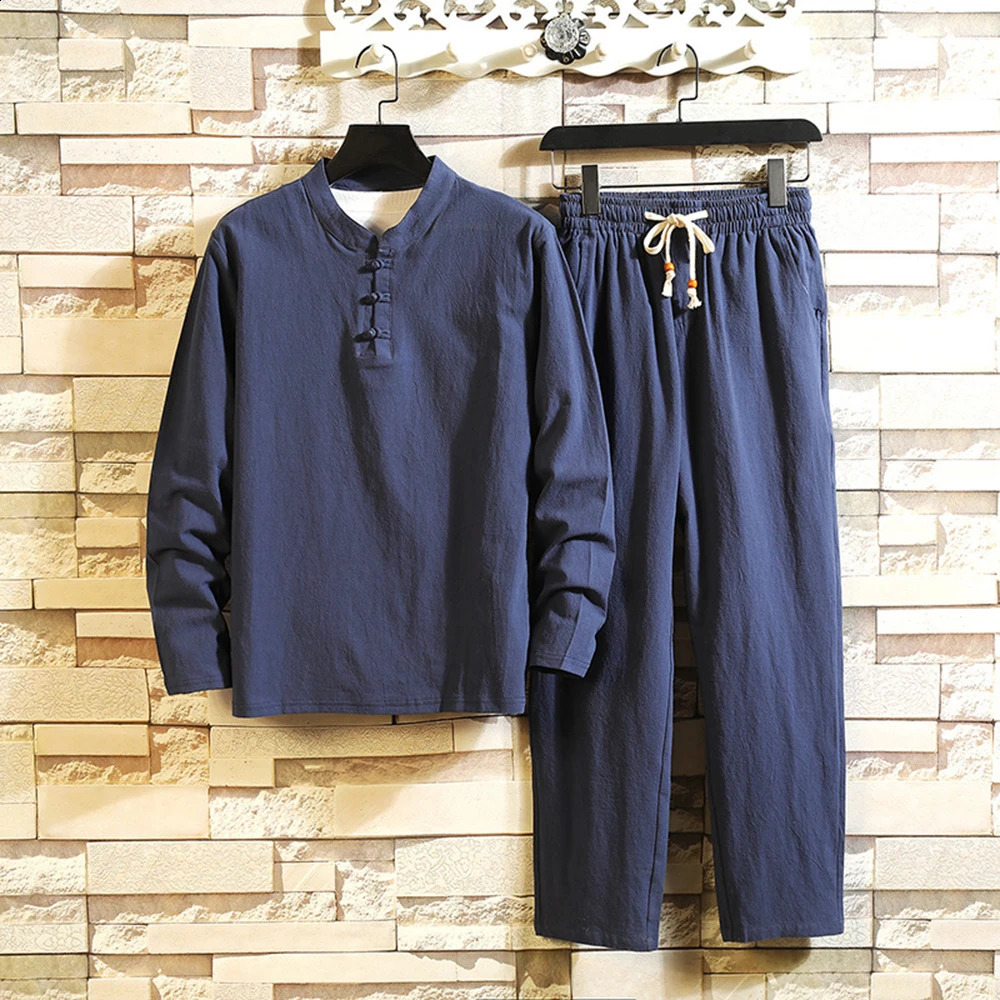 Chinese Style Cotton Linen Mens Two-Piece Ethnic Style Casual Tang Suit Solid Traditional Shirt Straight-Leg Pants Suits 240401