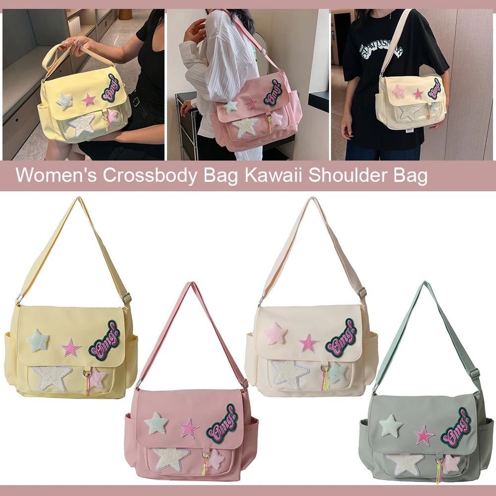 Women Cute Messenger Bag Large Capacity Canvas Kawaii Crossbody Star Letter Applique Candy Color Leisure Travel Outdoor 241106