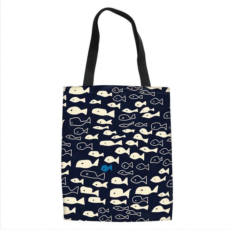 Women Shopping Tote Bag Cute Cartoon Dog Cat Fish Print Shoulder Canvas Bags Causal Travel Storage Bag Students Book Bags