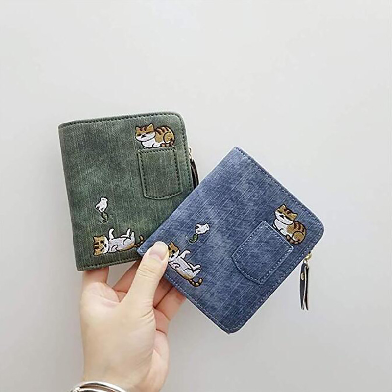 Embroidery Cat Women Short Wallet Zipper Coin Purse Short Women's Wallet Cute Mini Cards Holder Clutch For Girl Female Moneybag
