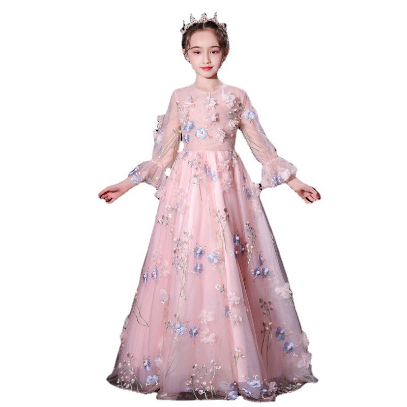 2024 new Luxurious Flower Girl Dress long sleeves 3D flowers lace appliques pink Ball Gown Princess First Holy Communion wears cheap communion pageant