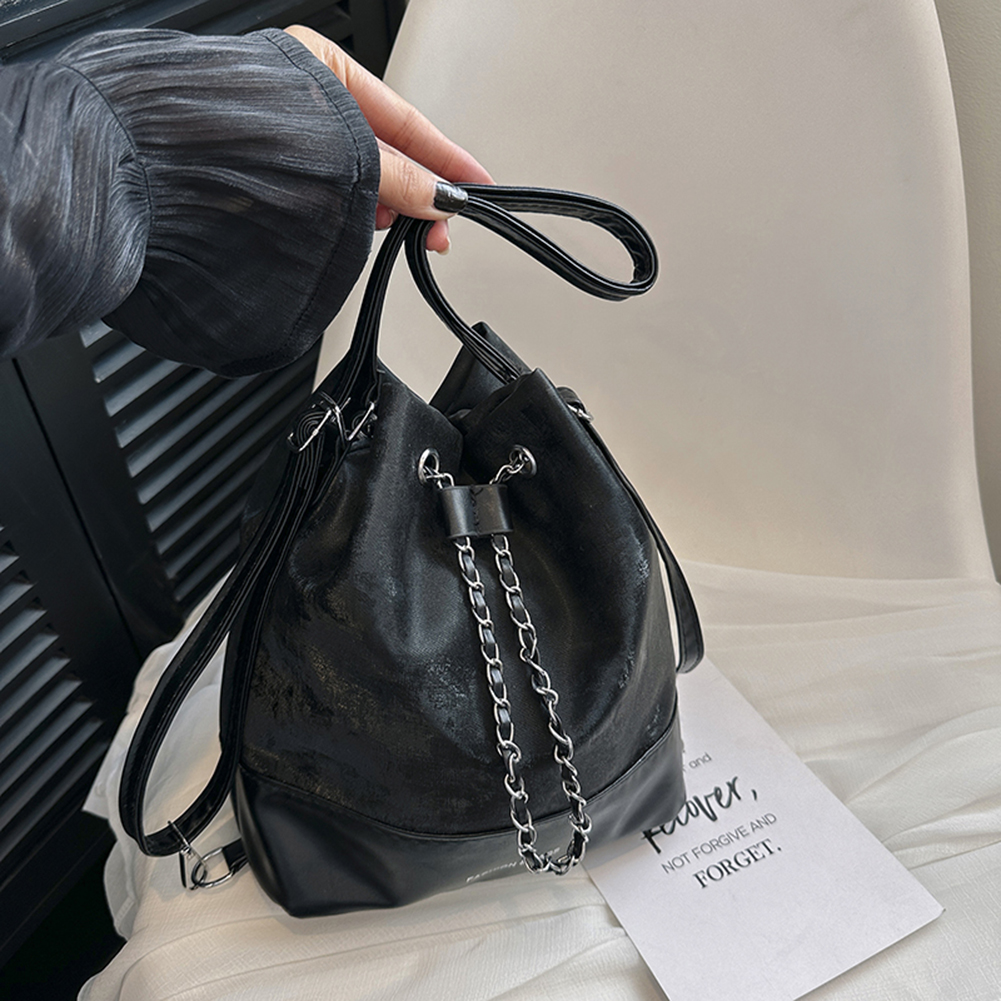 Women Fashion Shoulder Bag Large Capacity PU Drawstring Bucket Bag Chic Hobo Bag Solid Color Adjustable Strap for Party Vacation