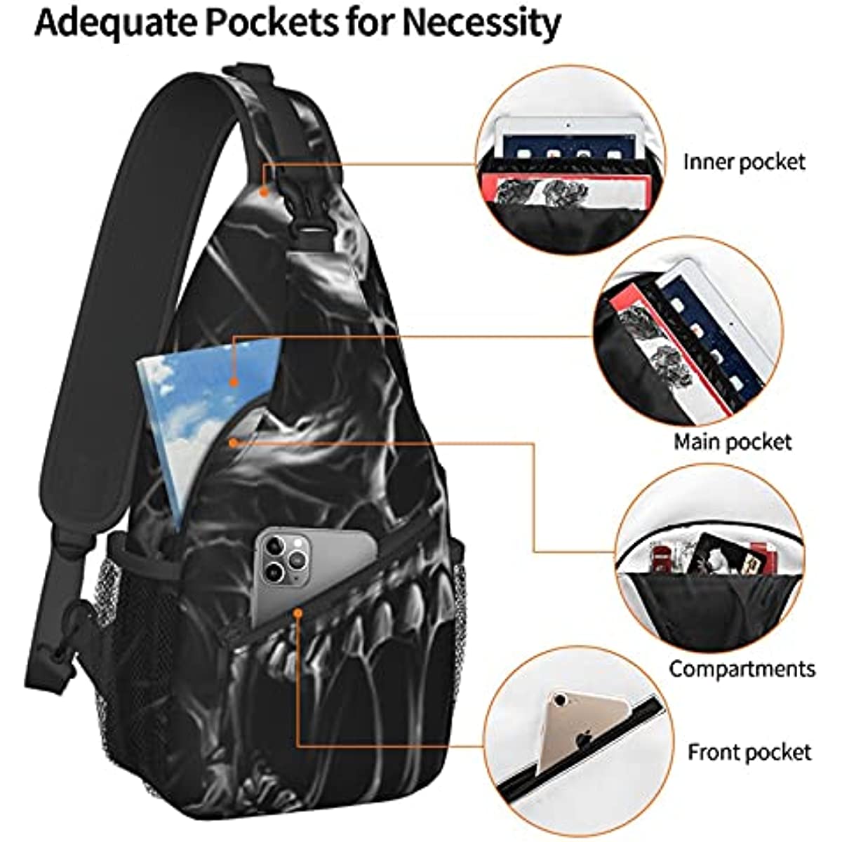 Fashion Sling Backpack for Boys Mens Skull Black Crossbody Shoulder Bag Anti-Theft Gym Bag with Adjustable Strap for Hiking