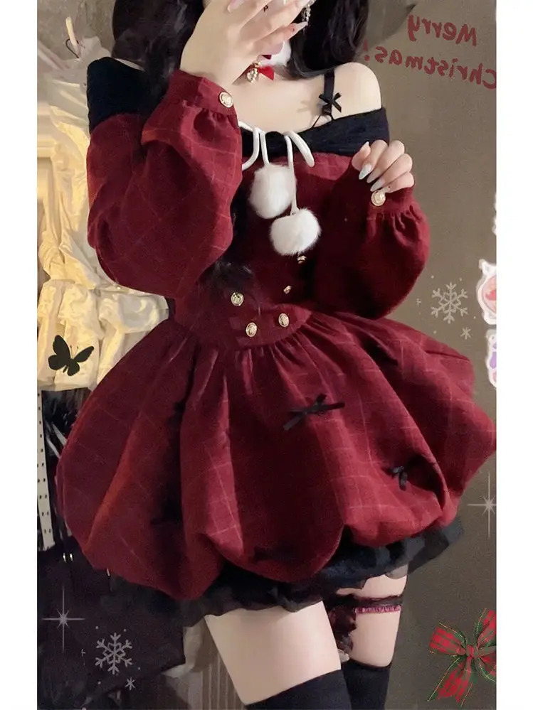 2025 Christmas Red Sweet Y2k Patchwork Womens Party Dress Slash Neck Long Sleeve Autumn Winter Ball Gown Dresses for Holiday 241107