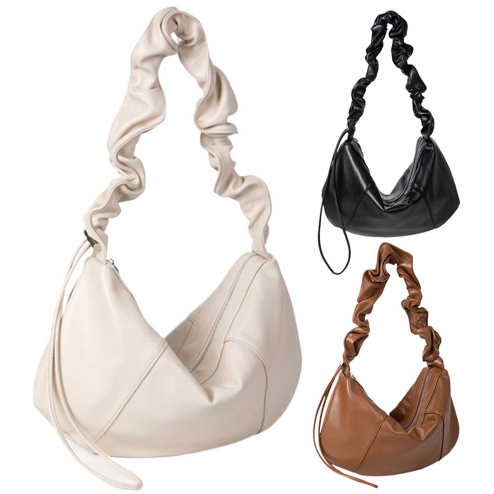 Women Pleated Dumpling Bag Large Capacity PU Drawstring Hobo Bag Stylish Crossbody Bag Adjustable Strap for Party Vacation