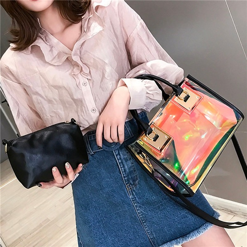 Multi-Function Color Transparent Bag PVC Messenger Bag Women Zipper Satchels Clear Handbag Girl Laser Shoulder Bag Luxury Bolsas