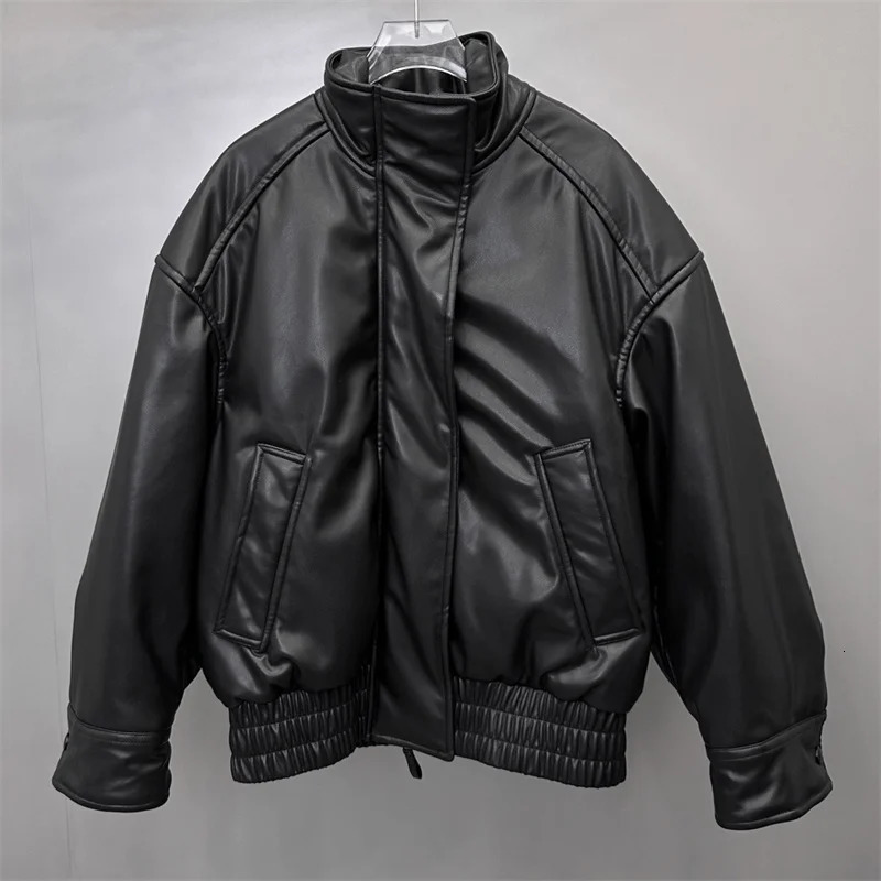 Womens winter jacket artificial leather pilot jacket stand collar windproof thick cotton lining jacket 241107