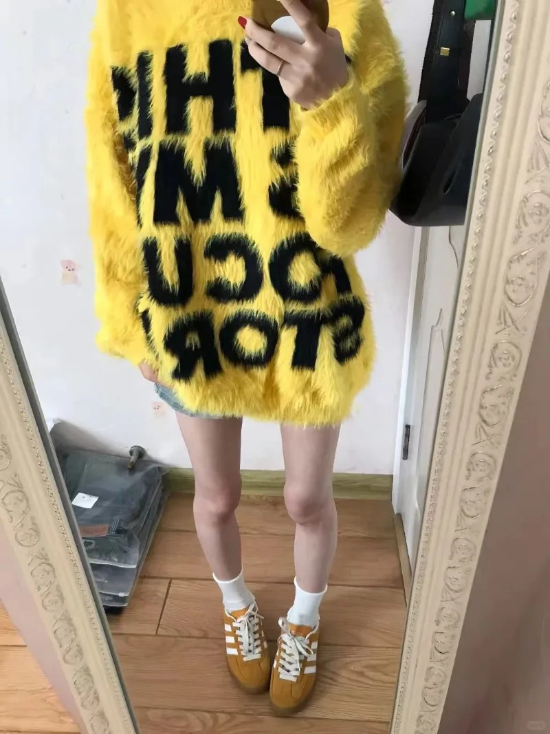 American Y2K Retro Letter Oversized Sweater Women Autumn Fashion Street Simple Plush Loose Harajuku Casual Knitted Sweater 241107