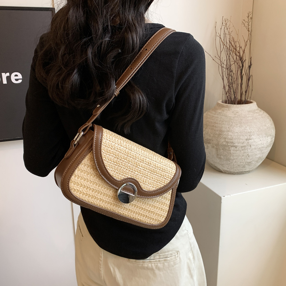 Women Straw Woven Bag Large Capacity Weaving Underarm Bag Patchwork Fashion Shoulder Bag Adjustable Strap for Party Vacation