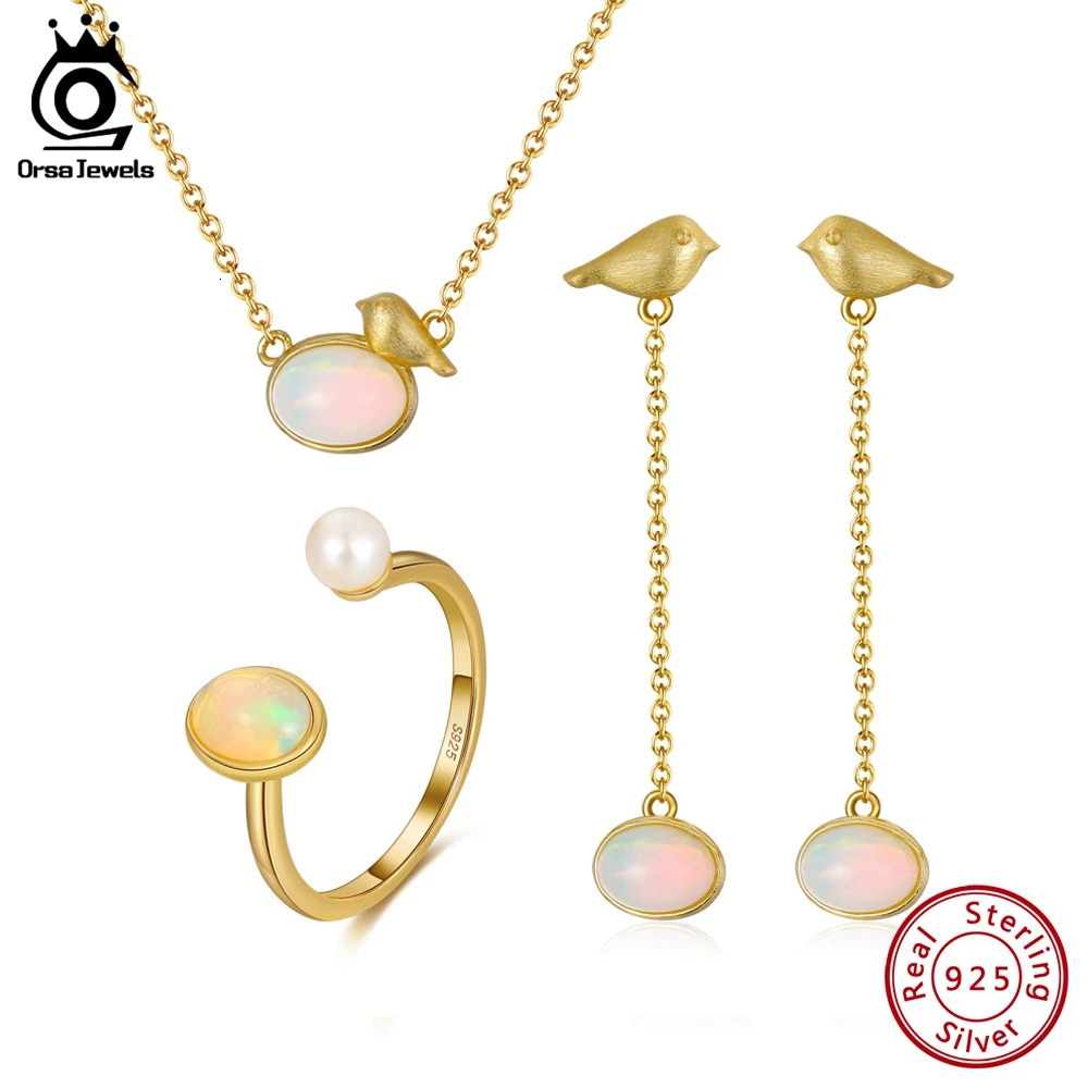 ORSA JEWELS 925 sterling silver natural opal earrings necklace ring set exquisite jewelry set for womens birthday gift SSGM02 241106