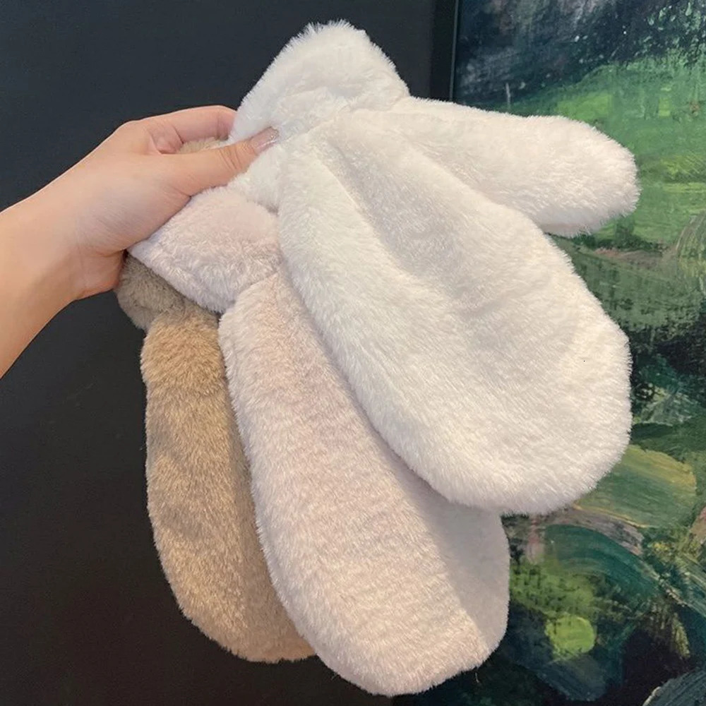 Korean Womens Winter Solid Color Plush Fluffy Warm Gloves Thick Windproof Refrigeration Gloves Edition 241107